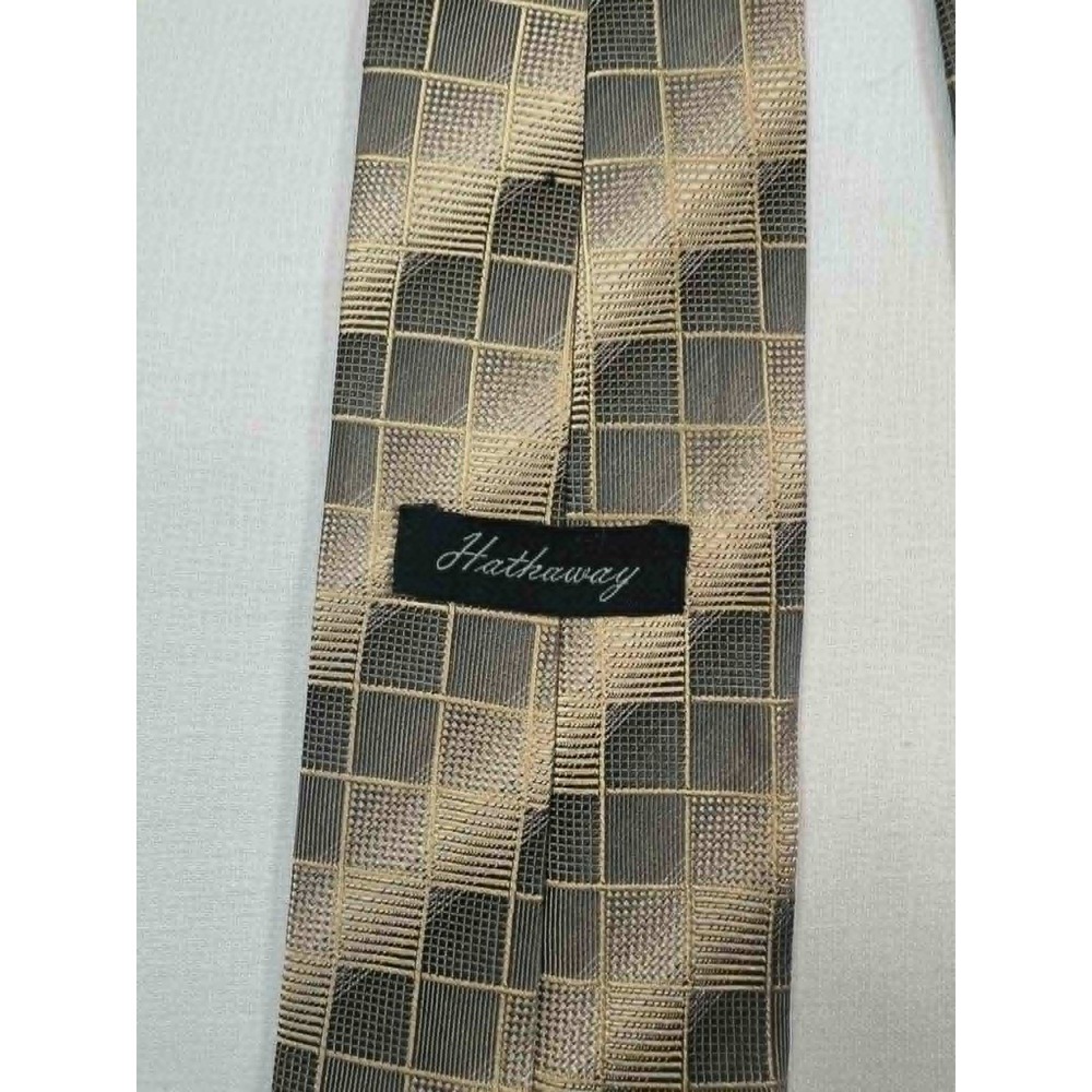 Hathaway Mens Silk Tie Bronze‎ Gold Black Geometric Grid Italian Silk Hand Made